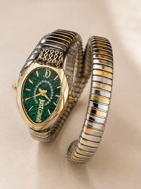 Roberto Cavalli Green Dial Gold-Tone Wrap Watch with Crystal Accents NWT